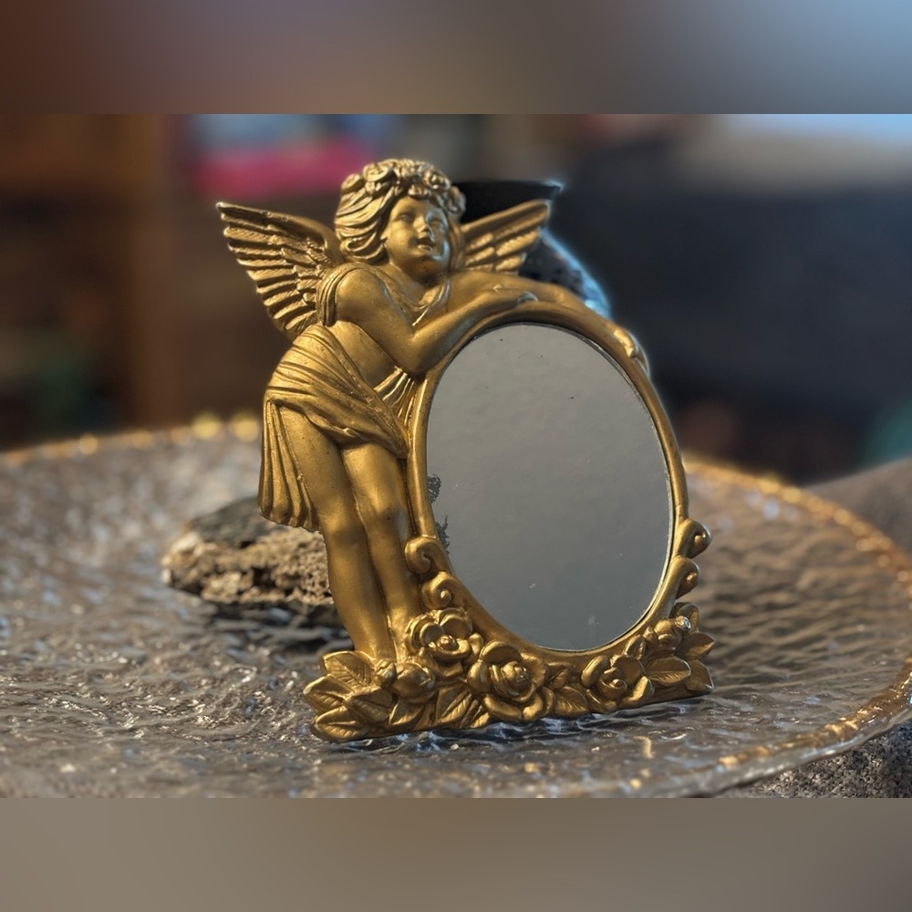 Vintage Gold Cherub Mirror w/ Roses • Romantic Angel Vanity Décor • Collectible - Picture 4 of 14